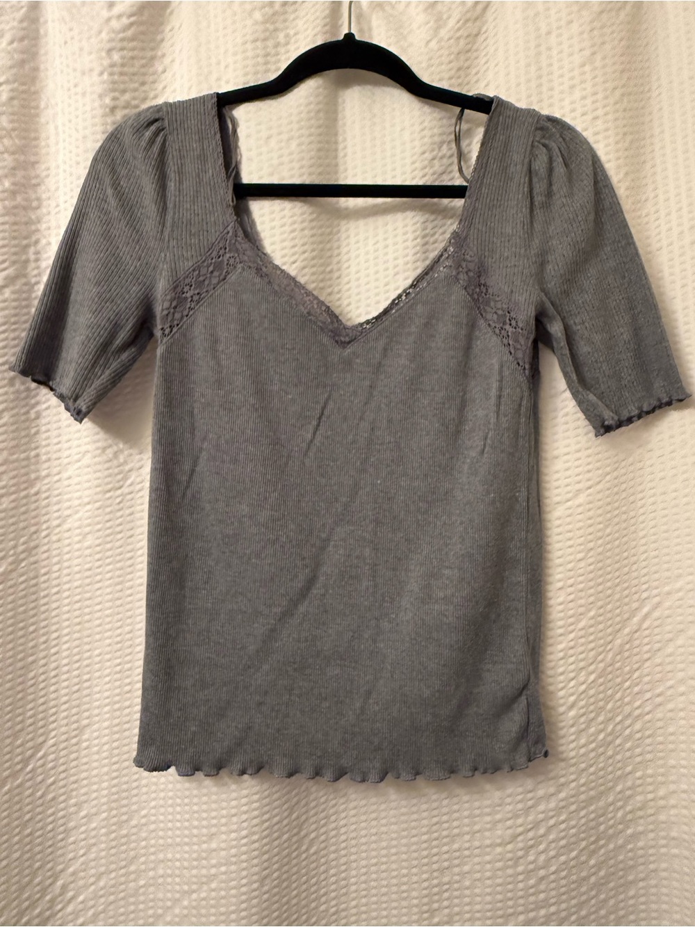 Free People Margaux Top Sz M Gray Ribbed Lace Sweetheart Boho Chic